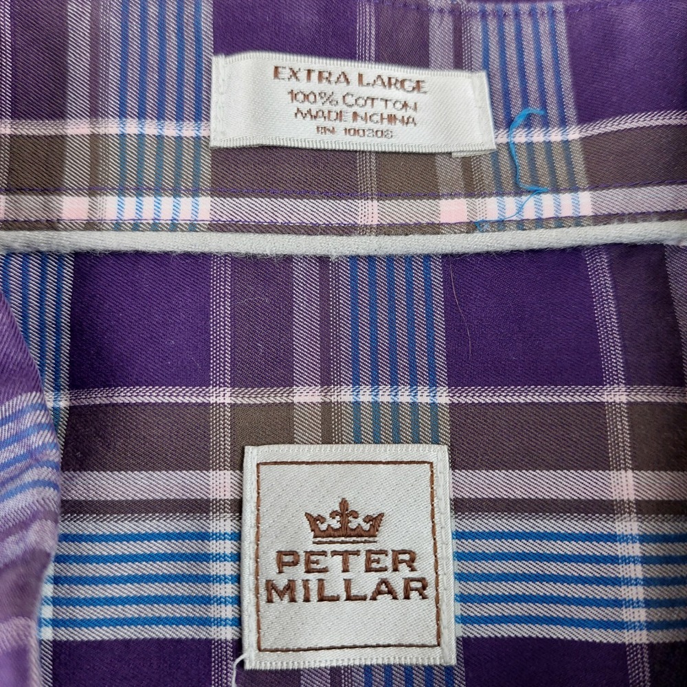 Peter Millar Button Down Shirt Mens XL Purple Blue Plaid Cotton Long Sleeve - Picture 2 of 6